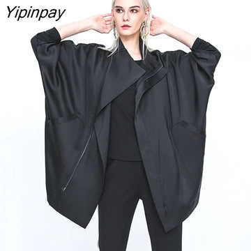 Yipinpay 2023 Autumn Oversize Bat Sleeve Gothic Long Trench Women Minimalist Style Black Zipper Up Coat Fall Outerwear Windbreaker
